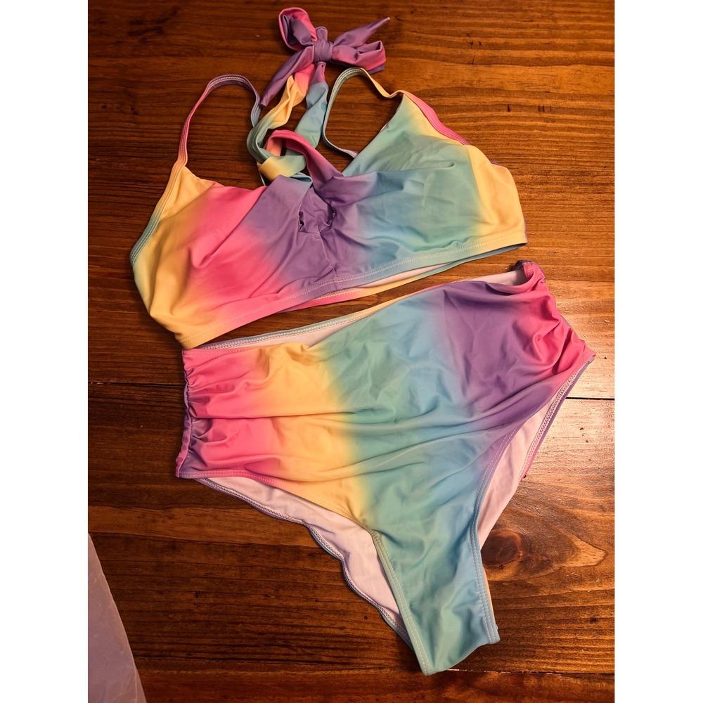 Bikini Set Women XL Multicolor Rainbow Ombre High Waist Halter NEW Beach Summer